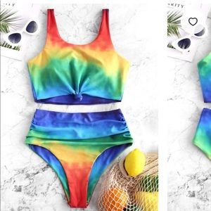 ZAFUL Knot Ruched Rainbow Tie Dye Tankini Swimsuit